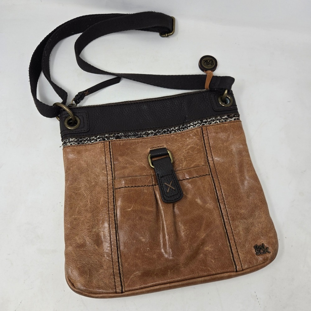 The Sak Leather Crossbody Bag Tan Brown Snakeskin Trim Adjustable‎ Strap Boho